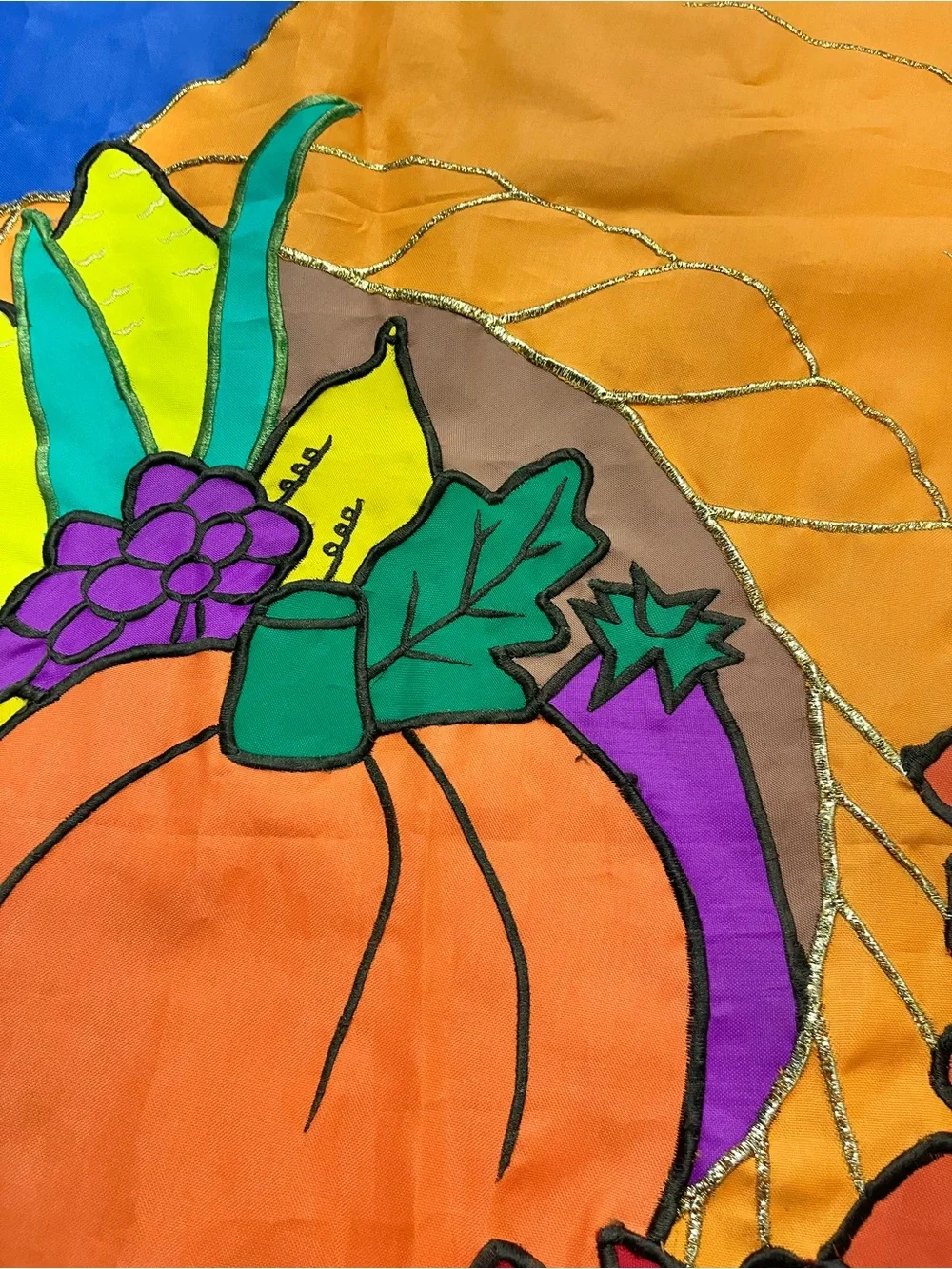 Vintage Fall Cornucopia Garden Flag - Blue and Orange Harvest Design